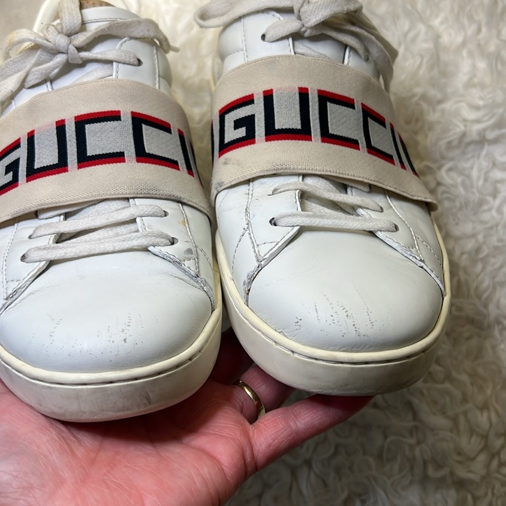 Gucci white leather logo band ace sneakers men’s 7.5 euro 41 women’s 9 unisex - Picture 9 of 10